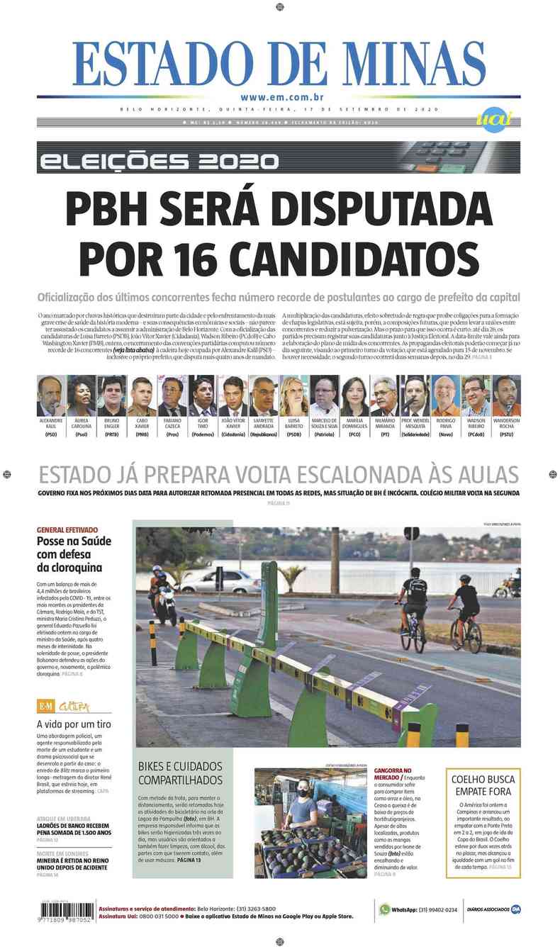 Confira a Capa do Jornal Estado de Minas do dia 17/09/2020(foto: Estado de Minas)