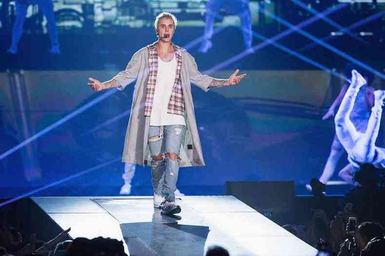 Justin Bieber na estreia da turn Purpose, em 2016, nos Estados Unidos. Em 2017, ele interrompeu o giro, dizendo que precisava descansar e cuidar da prpria sade. No documentrio Changes, o astro canadense fala sobre depresso e uso de drogas(foto: Mat Hayward/AFP)