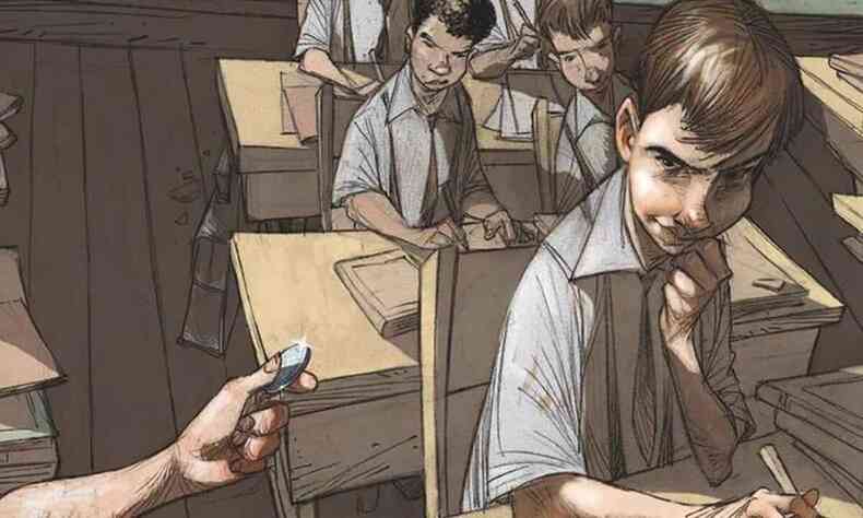 Ilustração mostra menino, no banco escolar, observado por colegas, enquanto mão lhe estende moeda