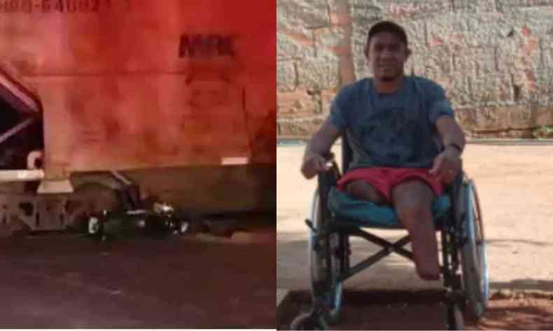 Montagem de duas fotos mostra a moto debaixo do trem e  direita, Juliano na cadeira de rodas