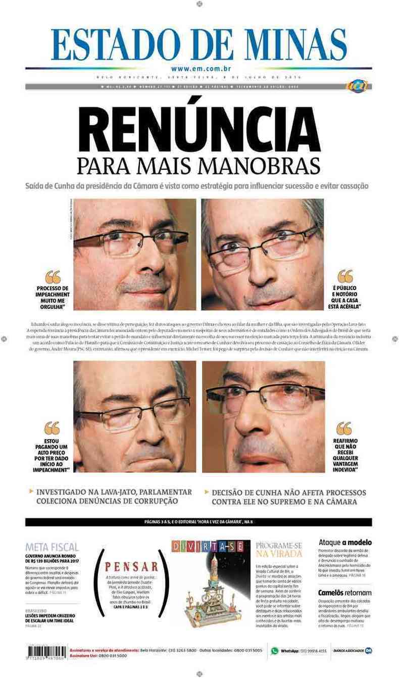 Confira a Capa do Jornal Estado de Minas do dia 08/07/2016