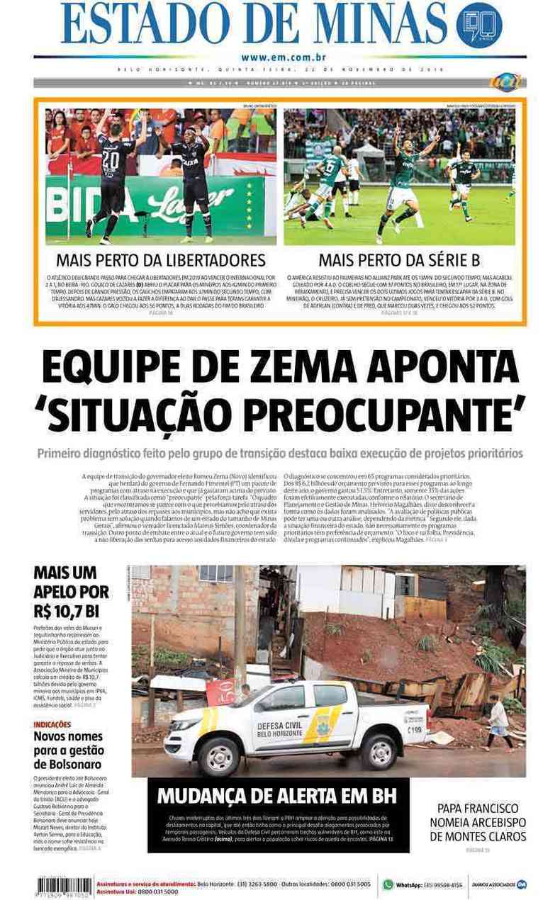 Confira a Capa do Jornal Estado de Minas do dia 22/11/2018(foto: Estado de Minas)