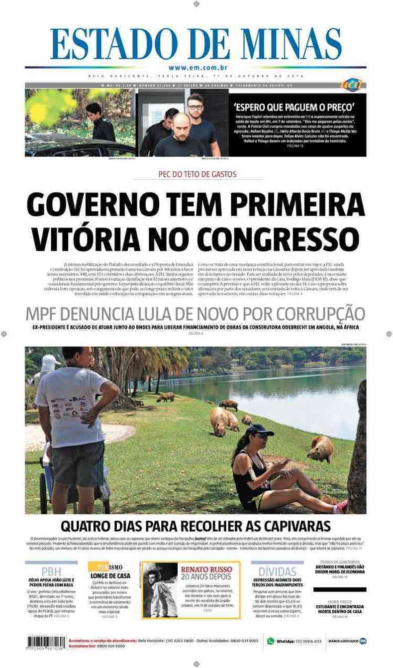 Confira a Capa do Jornal Estado de Minas do dia 11/10/2016