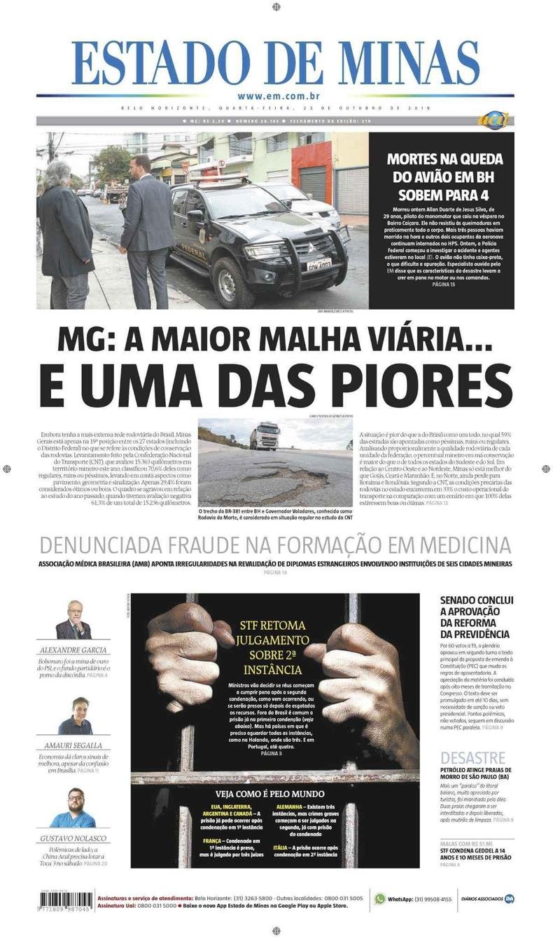 Confira a Capa do Jornal Estado de Minas do dia 23/10/2019(foto: Estado de Minas)