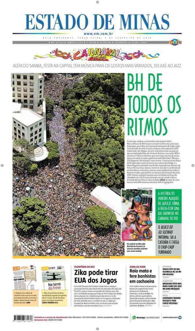 Confira a Capa do Jornal Estado de Minas do dia 09/02/2016
