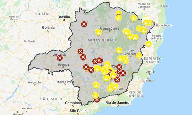Mapa rodovias interditadas em Minas