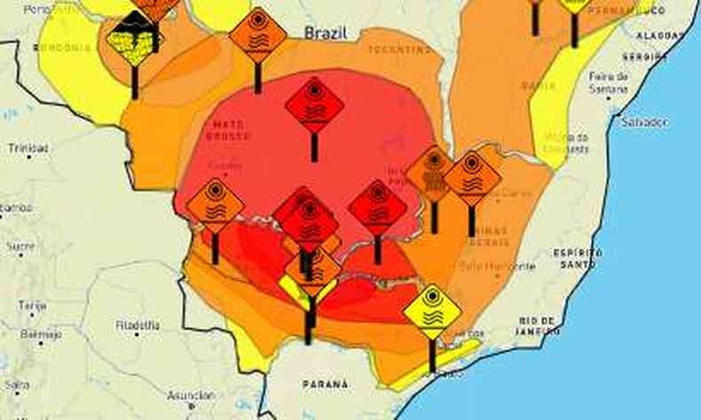 Alerta  vlido para toda a regio em vermelho, entre o Tringulo, SP, MS, GO e MT(foto: Reproduo/Inmet)
