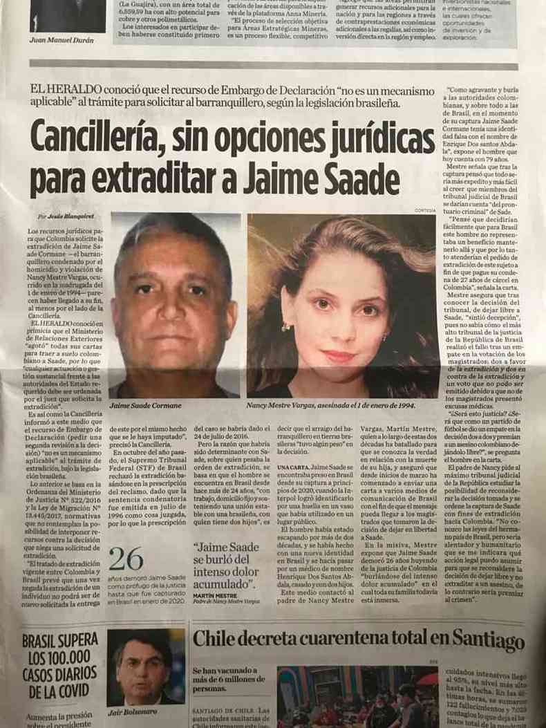 Jornais colombianos noticiaram deciso do STF de no extraditar Jaime Saade