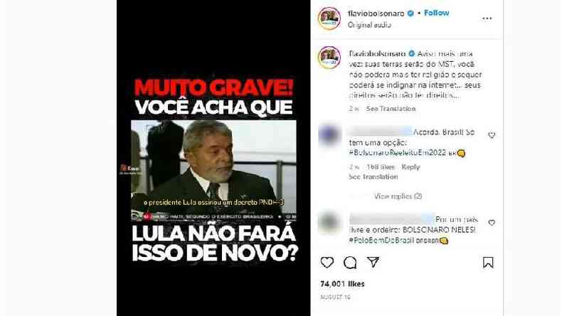 Foto de postagem no Instagram do senador Flvio Bolsonaro
