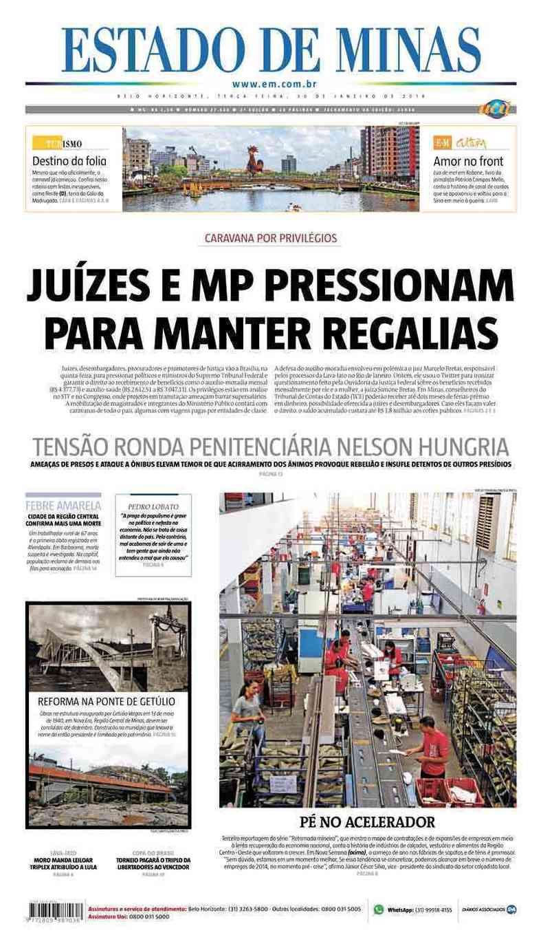 Confira a Capa do Jornal Estado de Minas do dia 30/01/2018