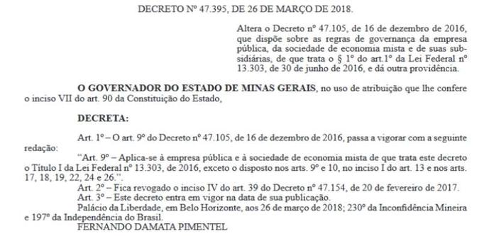 Decreto foi publicado no último dia 27 e revoga normas que limitavam a nomeação para diretorias de estatais (foto: Diário Oficial/Reprodução) Decreto foi publicado no último dia 27 e revoga normas que limitavam a nomeação para diretorias de estatais (foto: Diário Oficial/Reprodução)