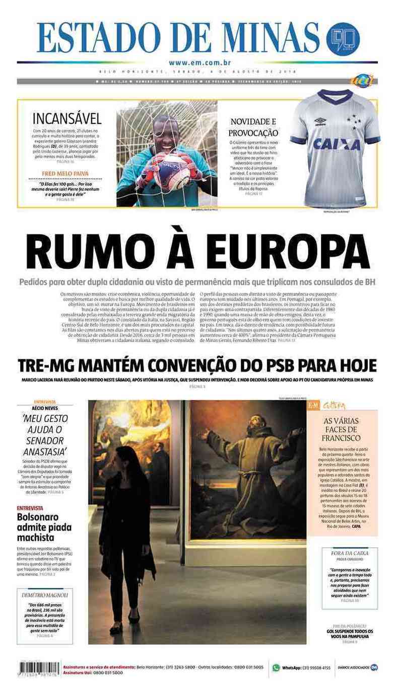 Confira a Capa do Jornal Estado de Minas do dia 04/08/2018