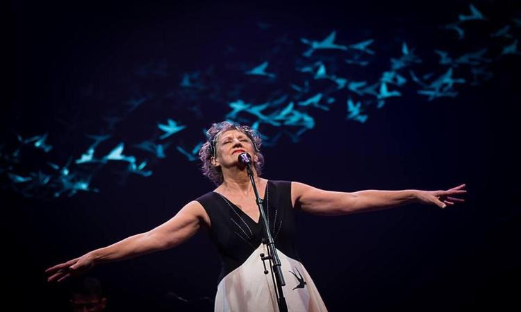 Cantora Ná Ozzetti abre os braços e canta no palco de vestido branco e preto