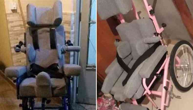 Modelo da cadeira roubada em BH nessa segunda-feira (esq). Por causa da solidariedade de um morador da capital, em menos de 24 horas, a menina recebeu a doao de uma outra cadeira de rodas (dir) (foto: Facebook/Reproduo)