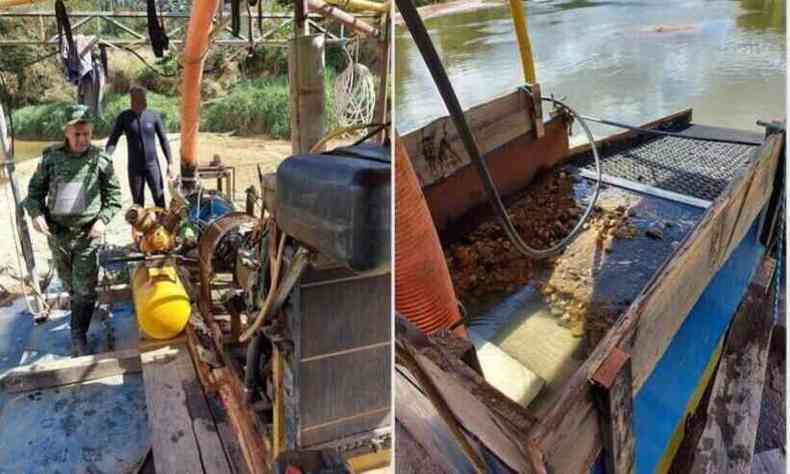 A PM encontrou quatro balsas motorizadas e flagrou uma delas em funcionamento, com uma bomba de suco dragando no leito do Rio Piranga 