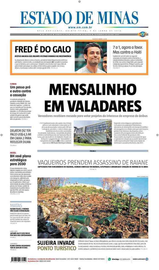 Confira a Capa do Jornal Estado de Minas do dia 09/06/2016