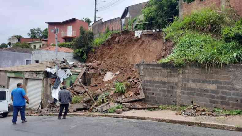 Barranco cedeu aps as chuvas danificando casa e muro em Poos de Caldas bairro casas rua 