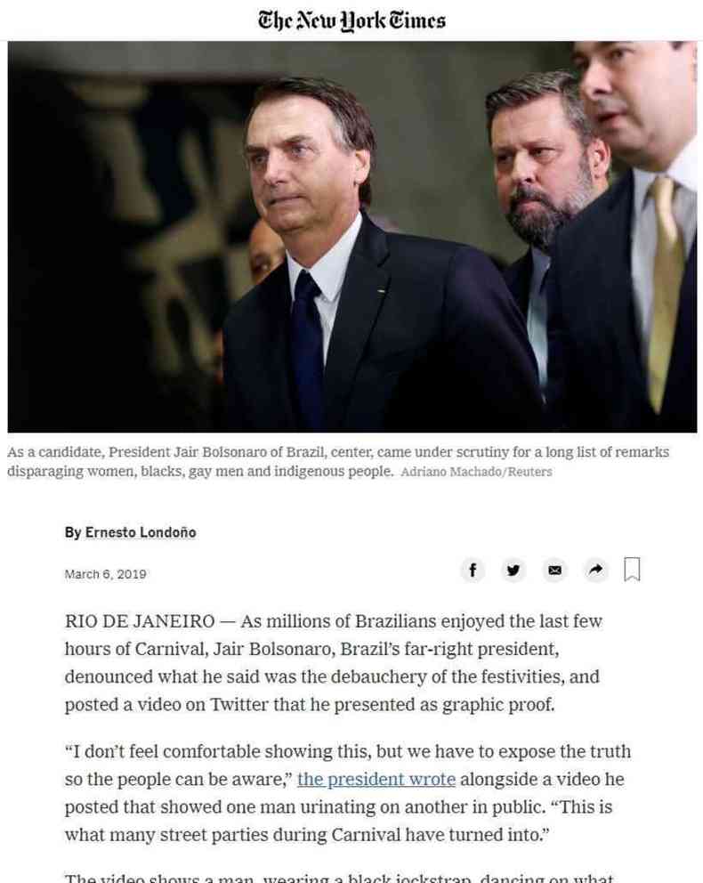 O New York Times mostrou reao de brasileiros ao post do presidente e afirma que Bolsonaro continua impulsivo nas redes sociais como na poca em que era candidato(foto: Reproduo/NYT)