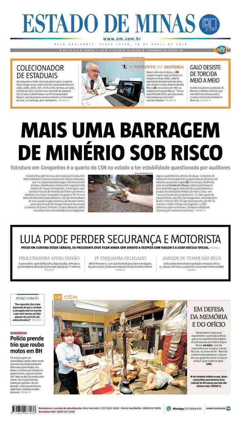 Confira a Capa do Jornal Estado de Minas do dia 10/04/2018