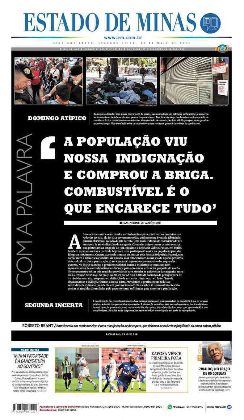 Confira a Capa do Jornal Estado de Minas do dia 28/05/2018