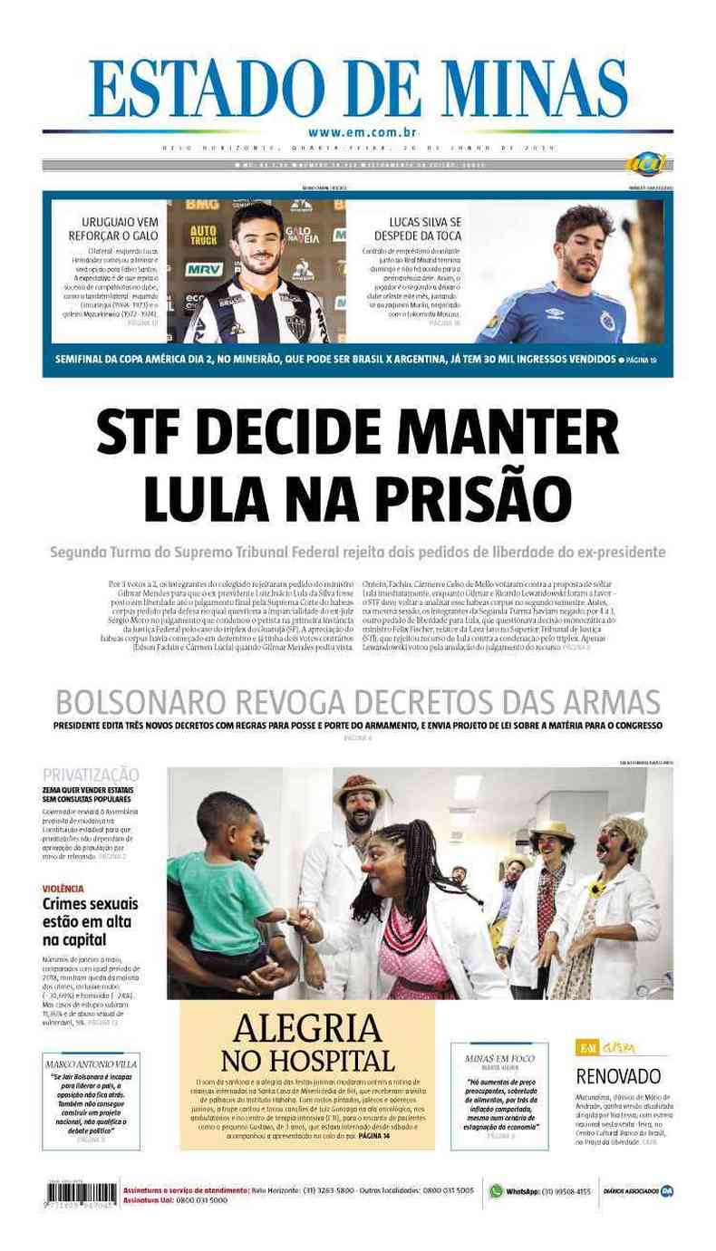 Confira a Capa do Jornal Estado de Minas do dia 26/06/2019(foto: Estado de Minas)