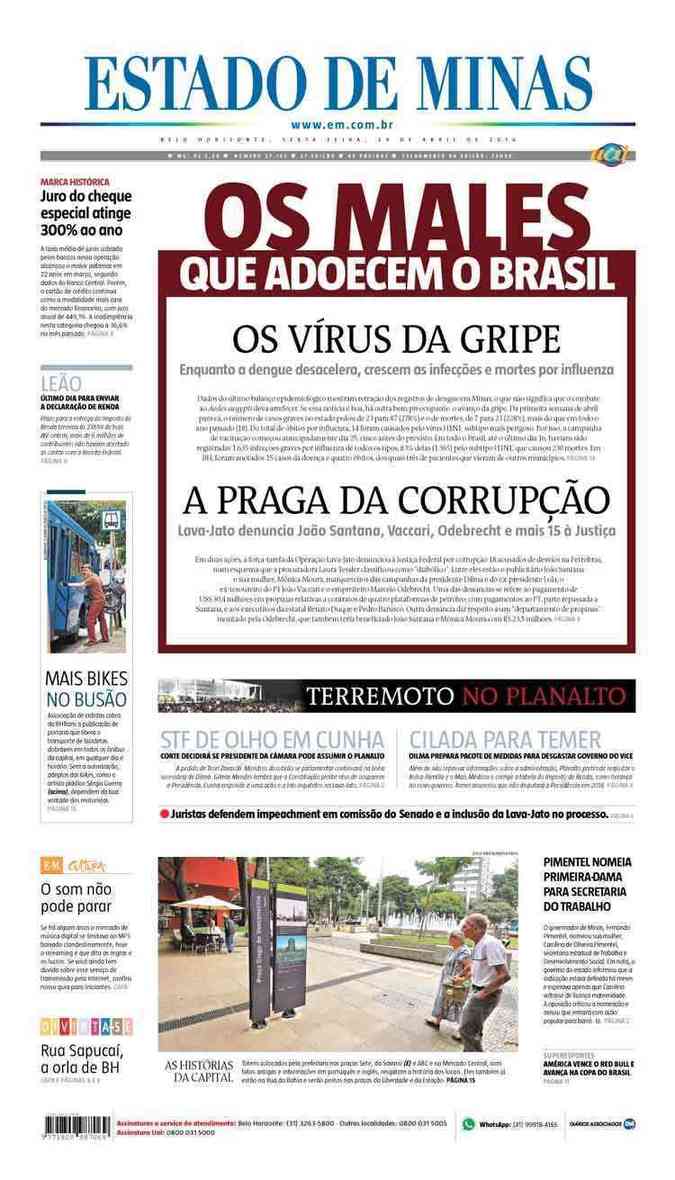 Confira a Capa do Jornal Estado de Minas do dia 29/04/2016