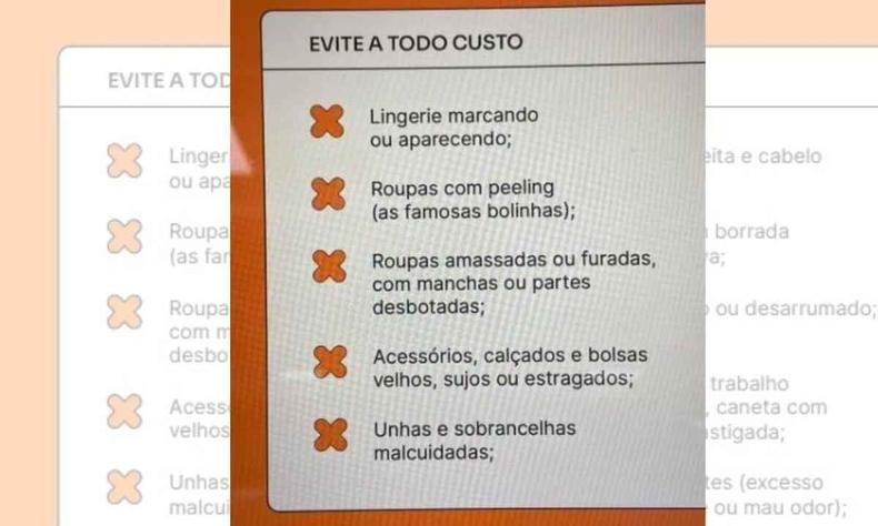 Banco Inter apresenta lista de recomendações sobre vestimenta e aparência de seus funcionários(foto: Reprodução/Redes Sociais) Na foto, lista de recomendações feita aos funcionários do Inter