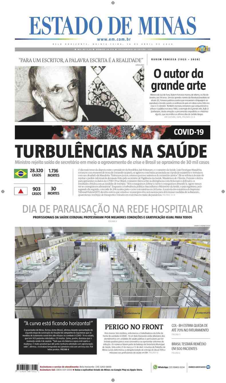 Confira a Capa do Jornal Estado de Minas do dia 16/04/2020(foto: Estado de Minas)