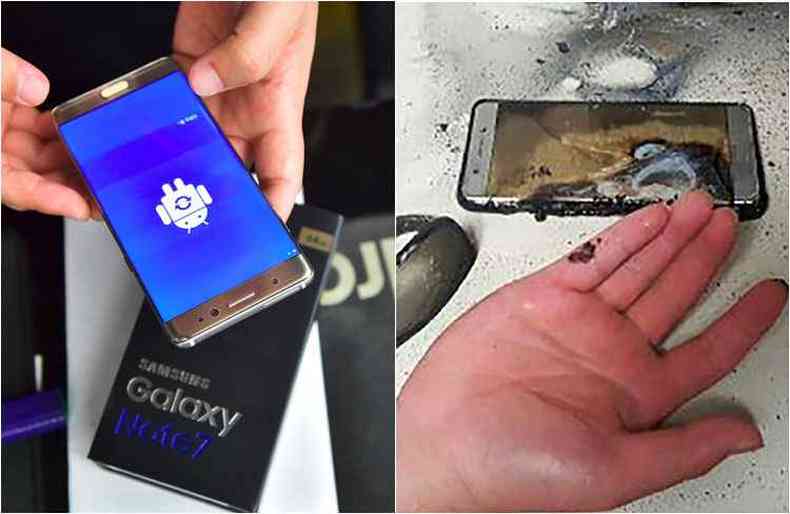 Depois de recall, funcionria reseta o Galaxy Note 7 em loja de Seul.  direita, foto liberada pela polcia de Gwangju Bukbu, na Coreia do Sul, mostra um aparelho explodido.(foto: AFP / JUNG YEON-JE / AFP / Gwangju Bukbu Police Station / STR )
