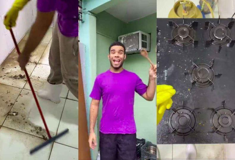 Luiz se autodenomina o 'Influenciador da Limpeza'(foto: Reprodução / Limpei e Ai ) Montagem com fotos de Luiz limpando a casa