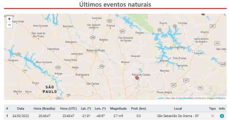 Mapa com as cidades afetadas por tremo de terra