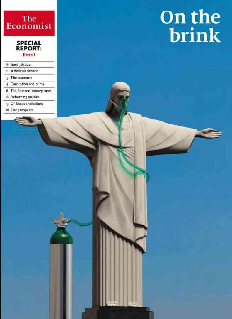 Capa da revista 'The Economist' mostra Cristo Redentor com mscara de oxignio e a manchete 