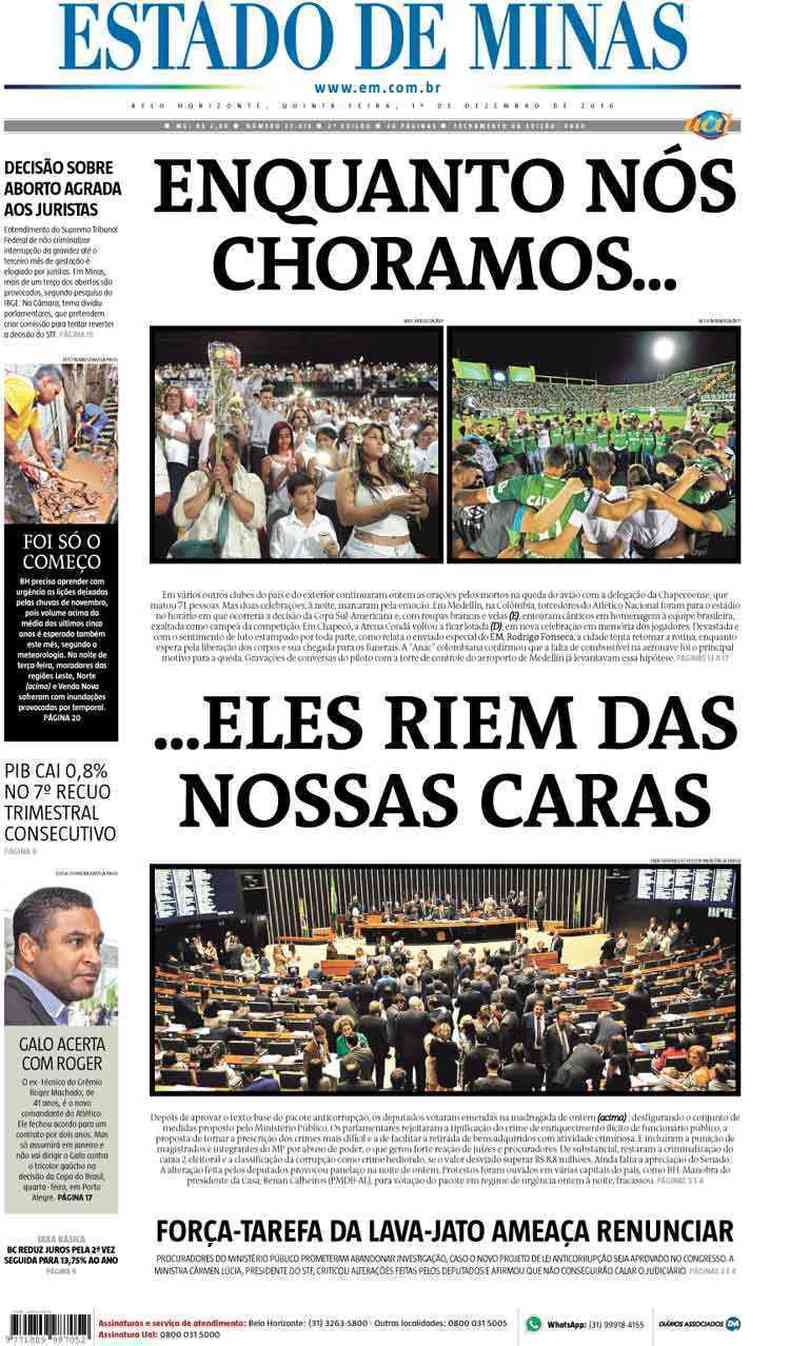 Confira a Capa do Jornal Estado de Minas do dia 01/12/2016