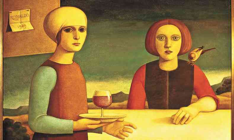 quadro de caractersticas modernistas mostra duas mulheres, uma sentada com um passarinho no ombro; outra de p, com um pires e uma taa na mo