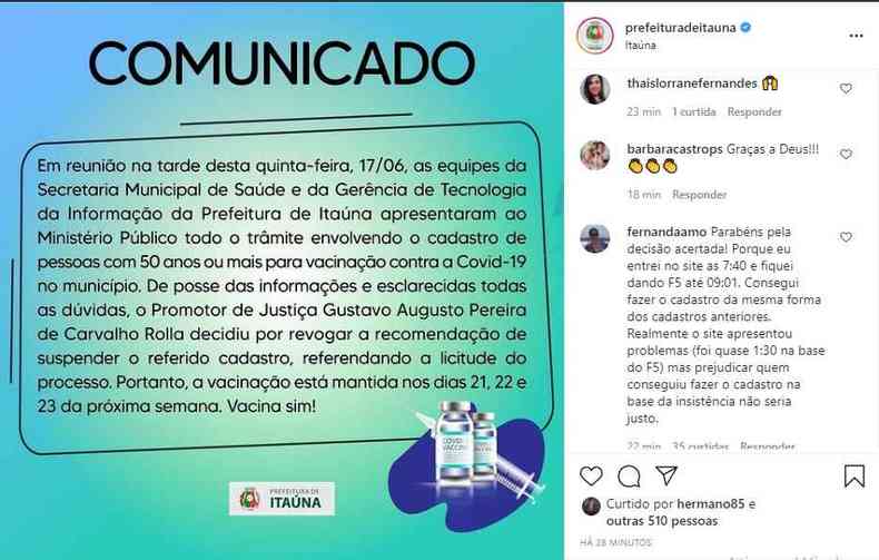 Populao fica aliviada com confirmao da vacinao contra COVID-19 para pessoas de 50 a 60 anos na prxima semana em Itana(foto: Instagram/Reproduo)