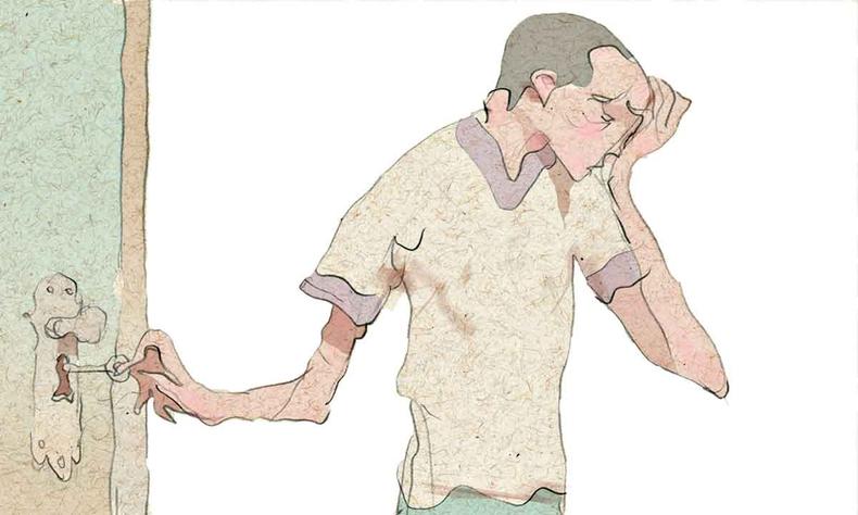 Ilustração mostra homem coma mão esquerda na testa e a direita na fechadura de uma porta
