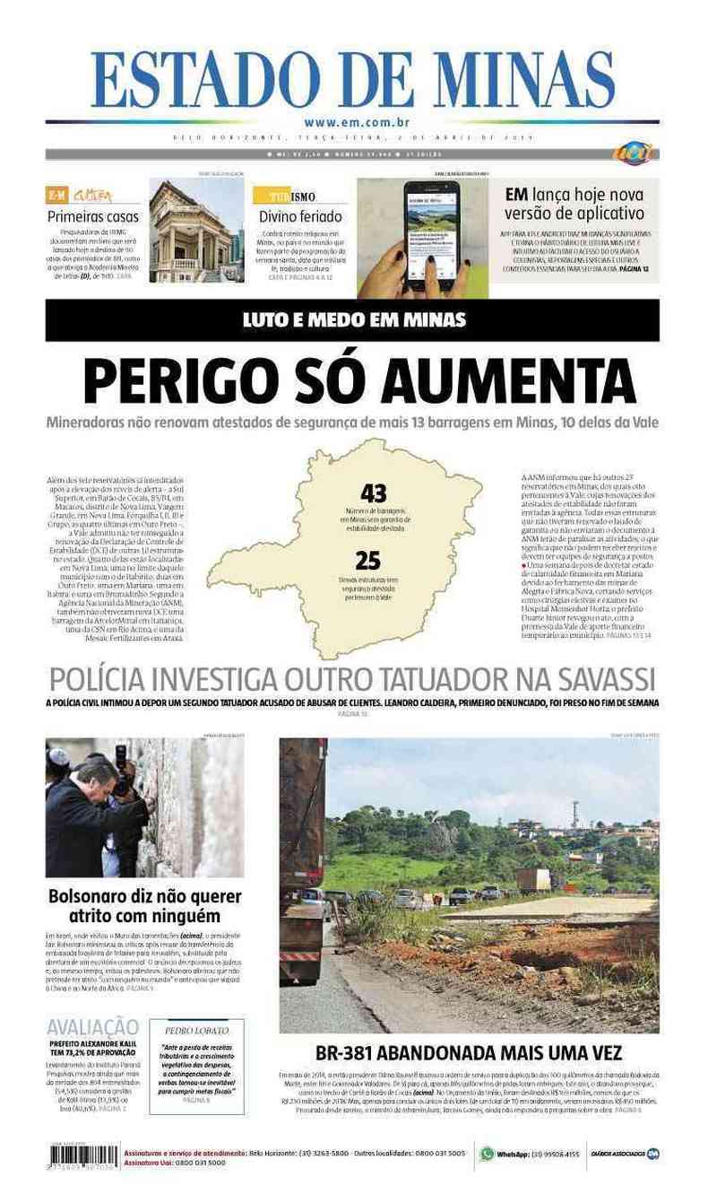 Confira a Capa do Jornal Estado de Minas do dia 02/04/2019(foto: Estado de Minas)