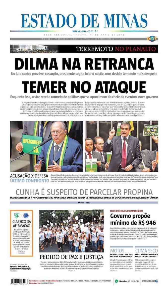 Confira a Capa do Jornal Estado de Minas do dia 16/04/2016