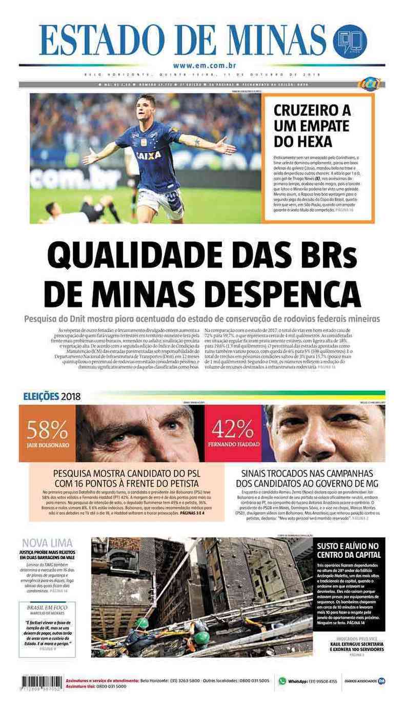 Confira a Capa do Jornal Estado de Minas do dia 11/10/2018(foto: Estado de Minas)