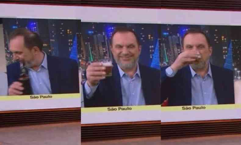 Sequncia mostra o comentarista Mauro Paulino bebendo um copo de cerveja ao vivo 