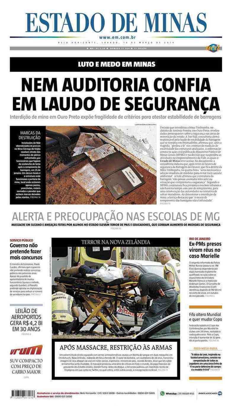 Confira a Capa do Jornal Estado de Minas do dia 16/03/2019(foto: Estado de Minas)