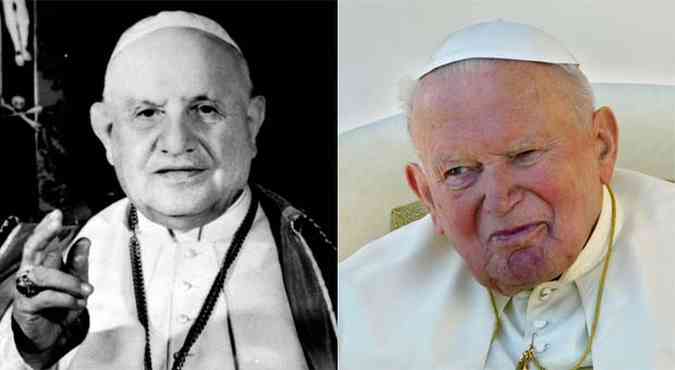 Os papa Joo XXIII e Joo Paulo II (foto: AFP PHOTO/EPA/ANSA/FILES / AFP PHOTO/ Patrick HERTZOG )
