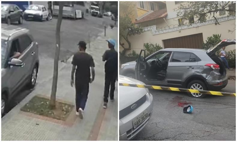 Dupla aparece de costas caminhando na calada, passando perto do carro da vtima. Do outro lado, carro localizado no meio da via, com uma porta e porta-malas abertos. 