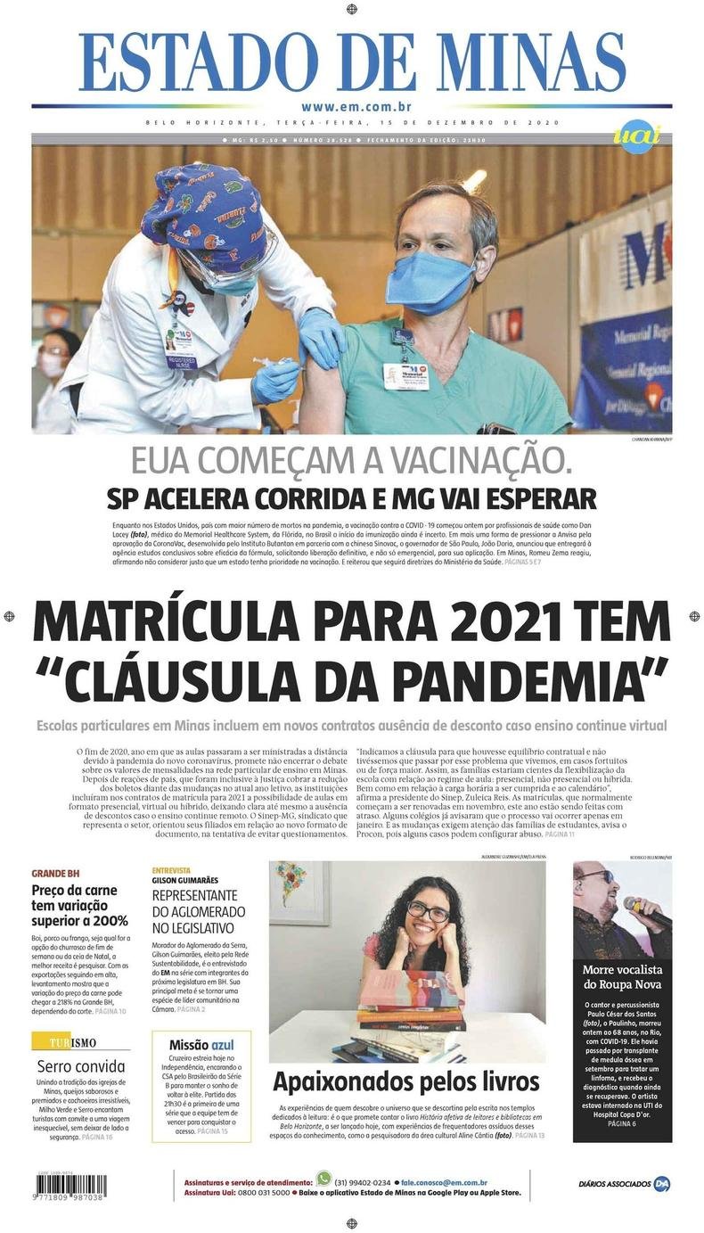Confira a Capa do Jornal Estado de Minas do dia 15/12/2020(foto: Estado de Minas)