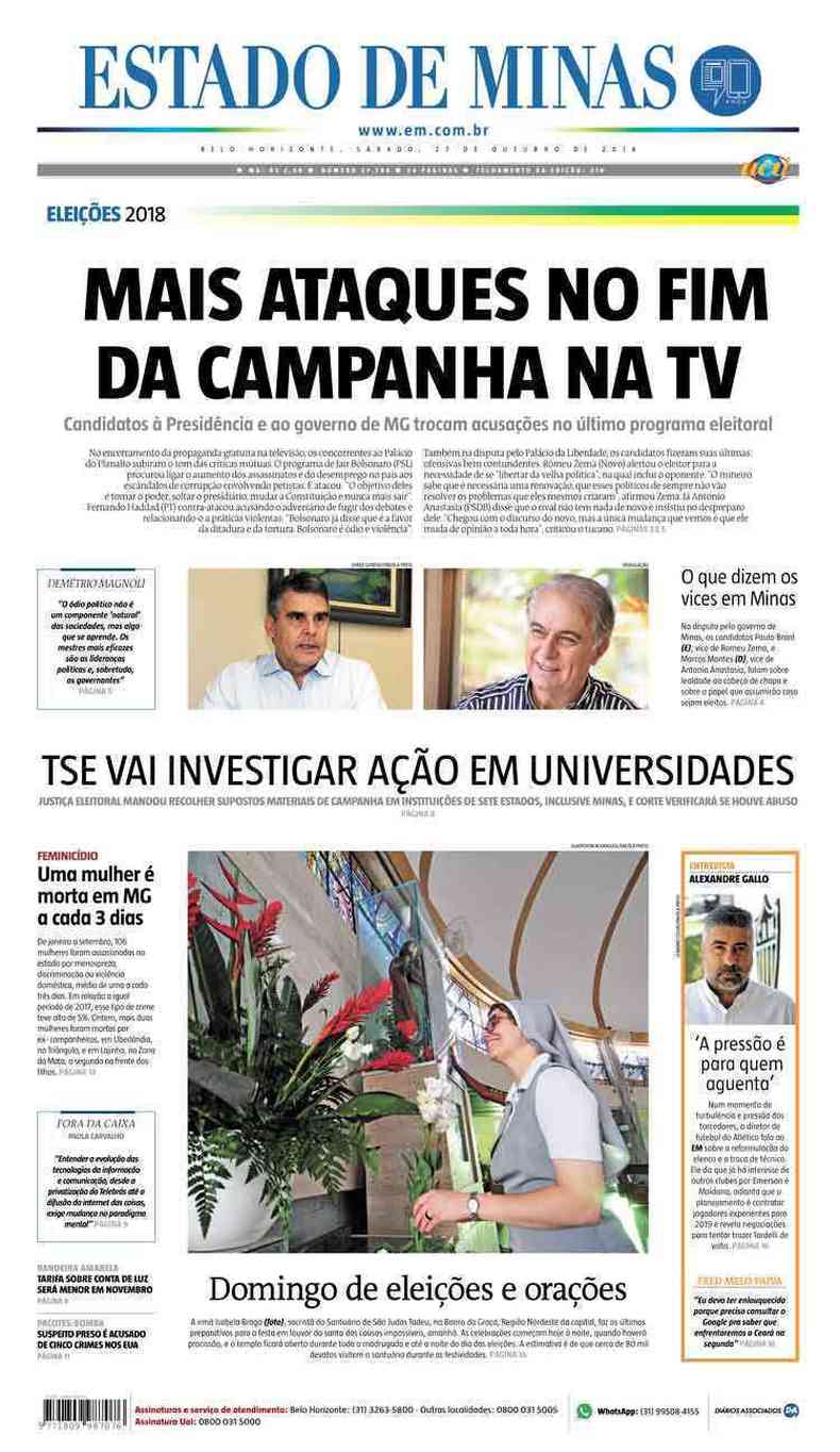 Confira a Capa do Jornal Estado de Minas do dia 27/10/2018(foto: Estado de Minas)