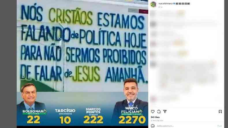 Postagem na pgina no Instagram do deputado e pastor Marco Feliciano