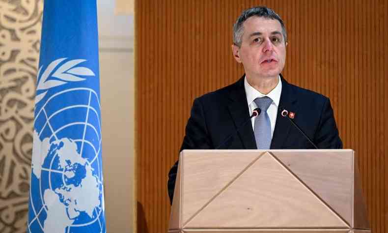 O presidente suo Ignazio Cassis discursa na abertura de uma sesso do Conselho de Direitos Humanos da ONU
