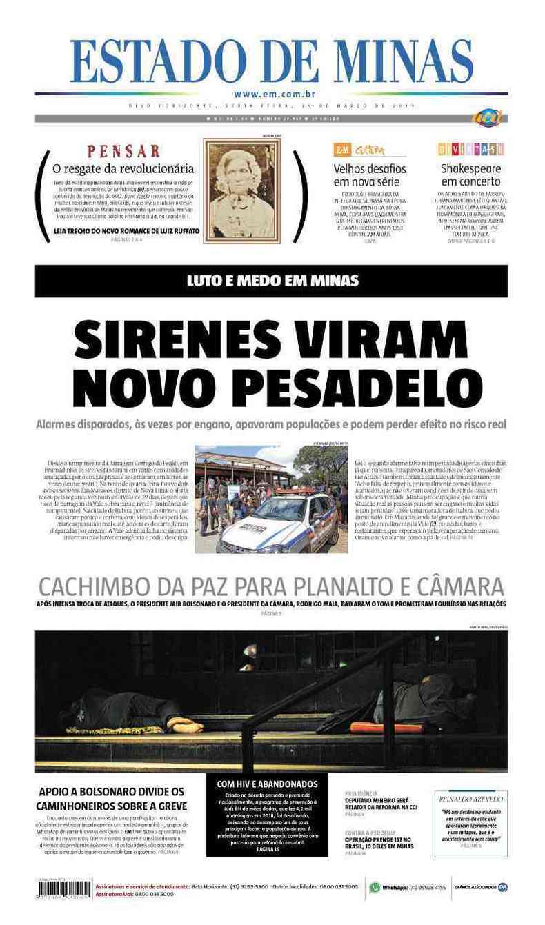 Confira a Capa do Jornal Estado de Minas do dia 29/03/2019(foto: Estado de Minas)