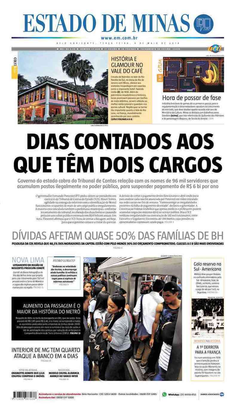 Confira a Capa do Jornal Estado de Minas do dia 08/05/2018