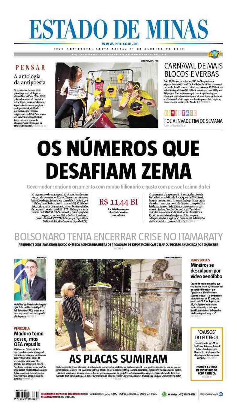 Confira a Capa do Jornal Estado de Minas do dia 11/01/2019(foto: Estado de Minas)